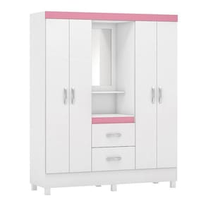Guarda Roupa Capelinha Lord 4 Portas Branco Rosa Com Espelho - Demóbile Branco Rosa