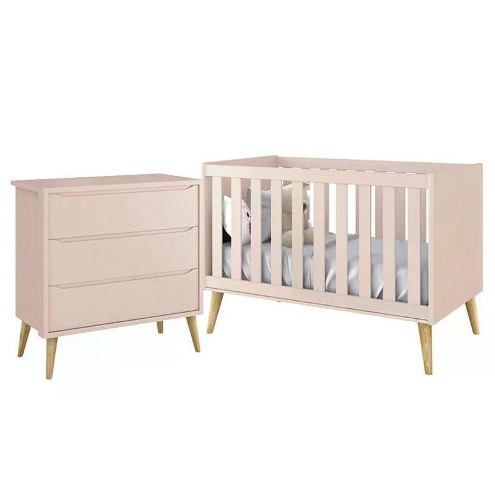 Jogo De Quarto Infantil Theo Cômoda 3 Gavetas E Berço Rosa Fosco Com Pés Madeira Natural - Reller Móveis Rosa Fosco