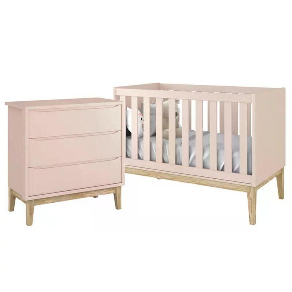 Jogo De Quarto Classic Cômoda 3 Gavetas E Berço Rosa Fosco Com Pés Madeira Natural - Reller Móveis Rosa Fosco