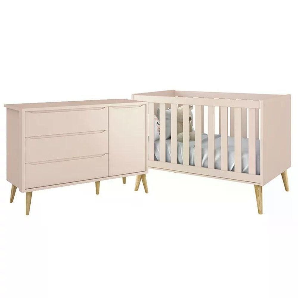 Jogo De Quarto Infantil Theo Cômoda E Berço Rosa Fosco Com Pés Madeira Natural - Reller Móveis Rosa Fosco