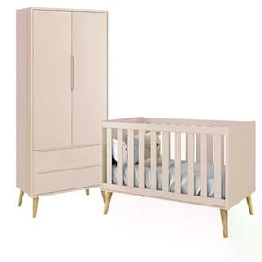 Jogo De Quarto Infantil TheoGuarda Roupa 2 PortasE Berço Rosa Fosco Com Pés Madeira Natural- Reller Móveis Rosa Fosco
