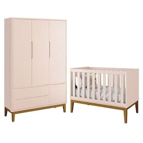 Jogo De Quarto Infantil Guarda Roupa 3 Portas E Berço Classic Rosa Fosco Com Pés Amadeirado - Reller Móveis Rosa Fosco
