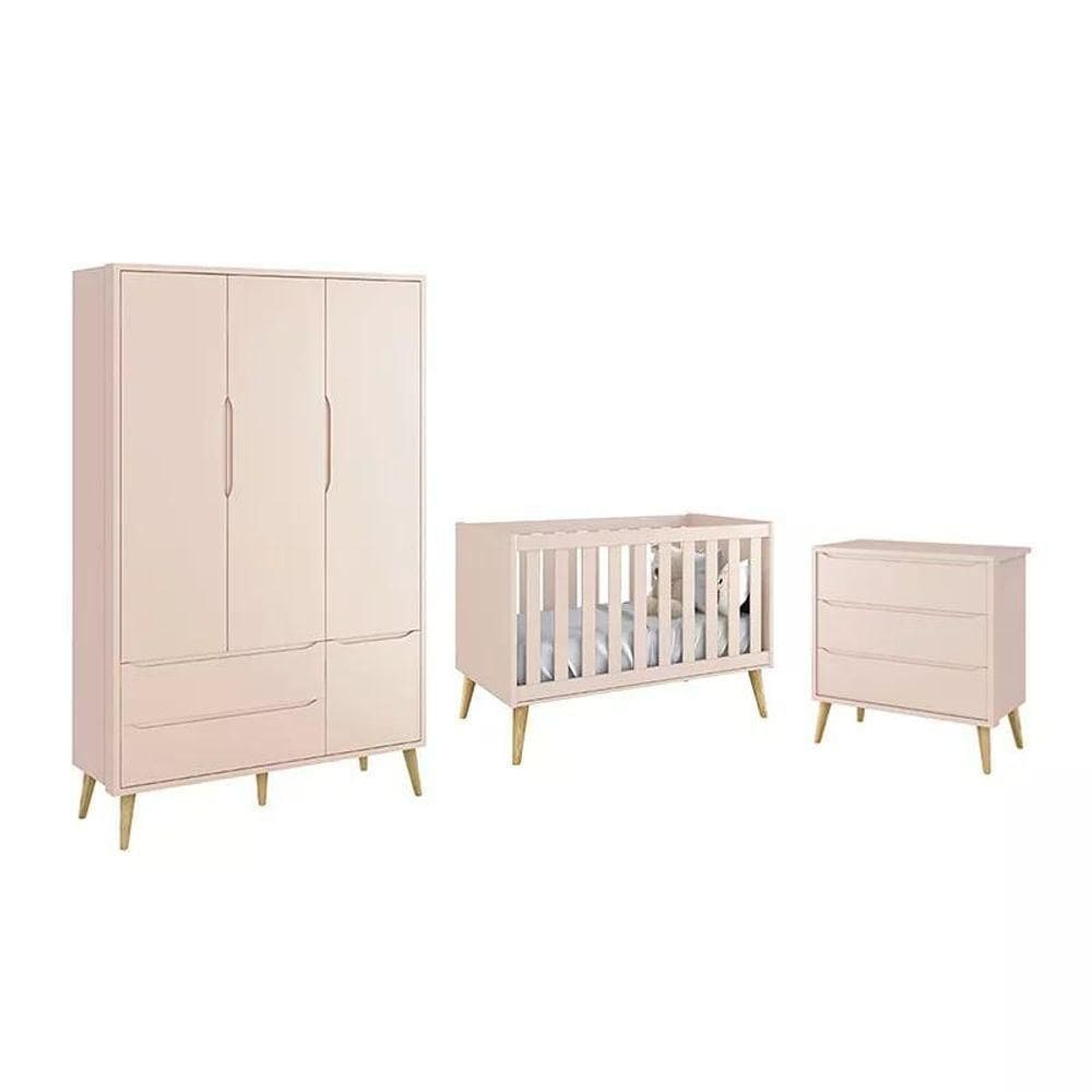 Dormitório Theo 3 Portas E Cômoda 3 Gavetas Rosa Com Pés Madeira Natural - Reller Móveis Rosa
