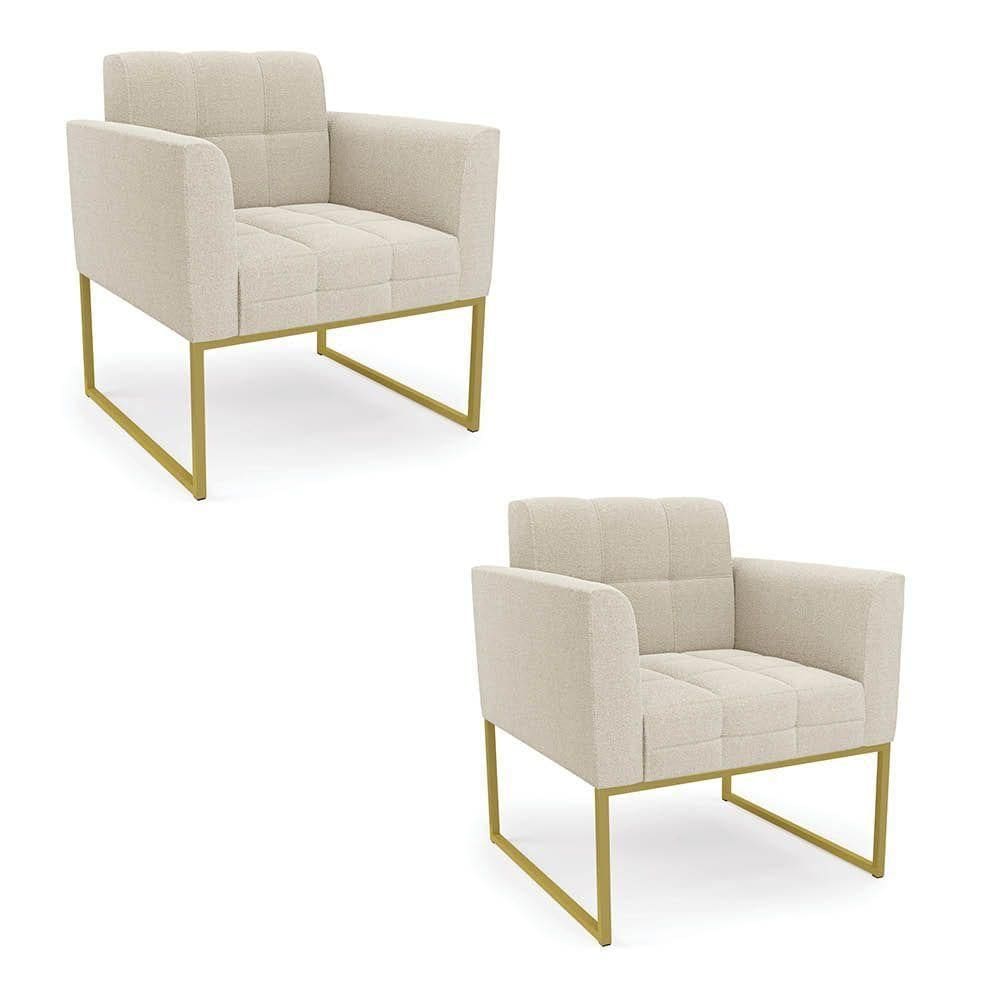 Poltrona Decorativa Industrial Dourado Kit 2 Elisa Bouclê D03 - D`rossi Cor Bege