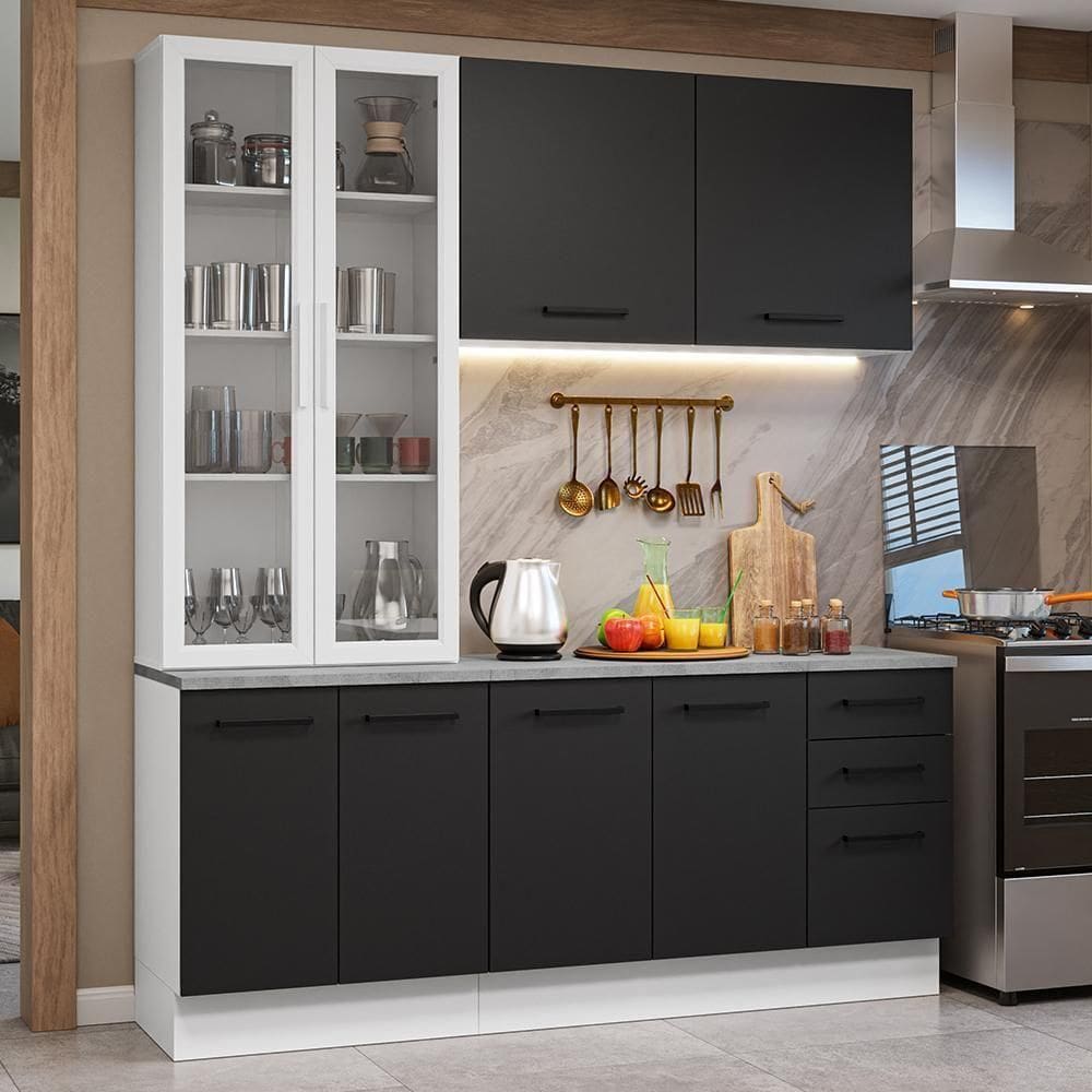 Armário De Cozinha Completa 190cm Com Cristaleira Agata Madesa Branco E Preto