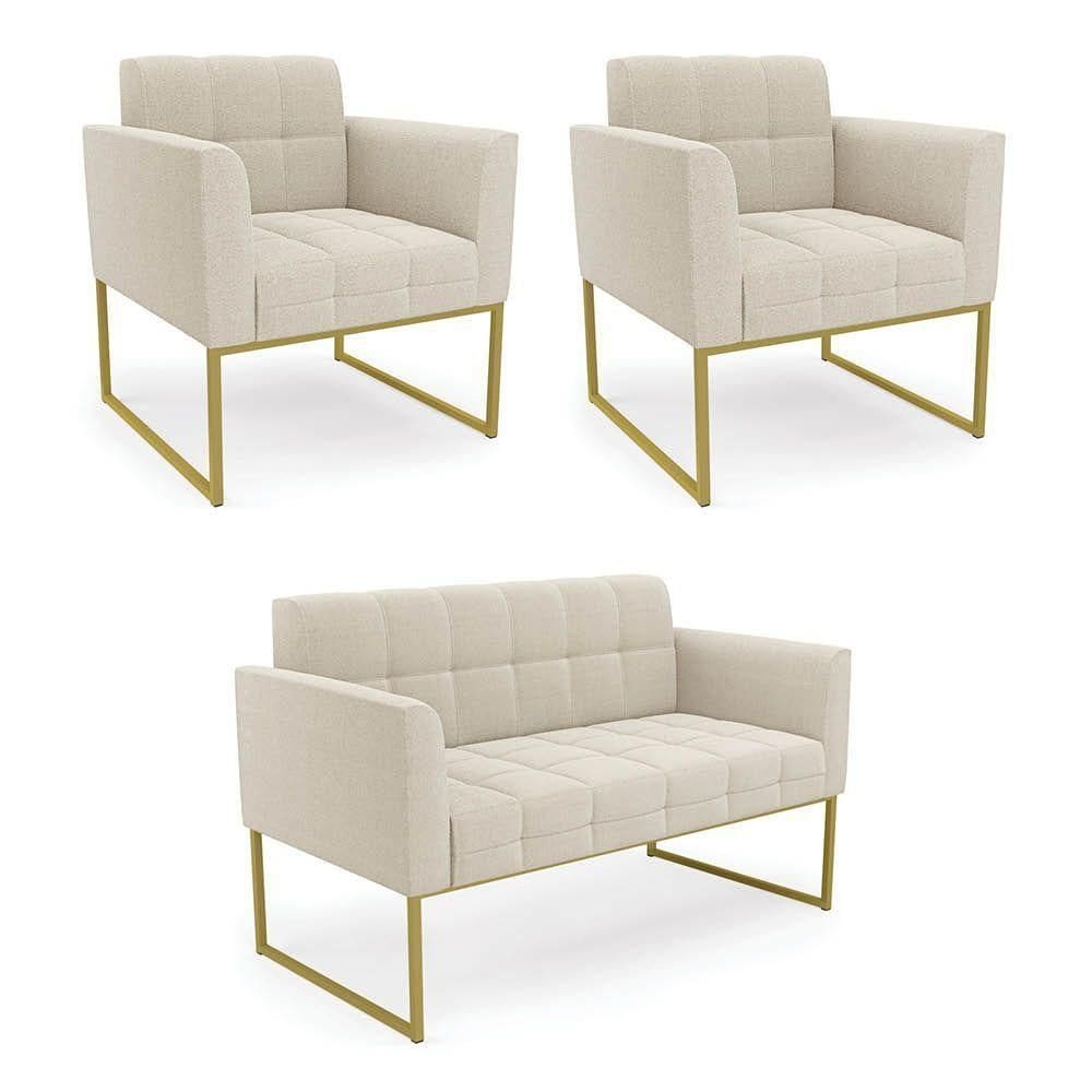 Namoradeira E 2 Poltronas Industrial Dourado Elisa Bouclê Bege D03 - D`rossi