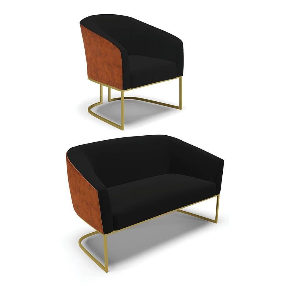Namoradeira E Poltrona Industrial Dourado Stella Noz-linho Preto D03 - D`rossi