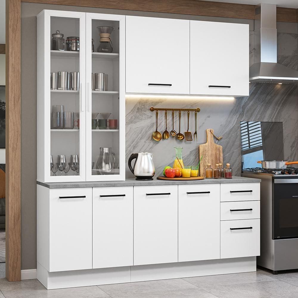 Armário De Cozinha Completa 190cm Com Cristaleira Branco Agata Madesa 01 Branco