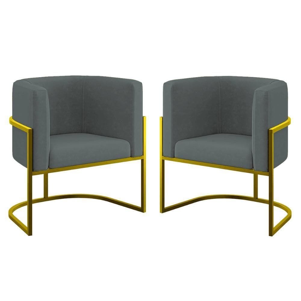 Kit 02 Poltronas Lua Com Base De Metal Gold Sala Reforçada Cinza