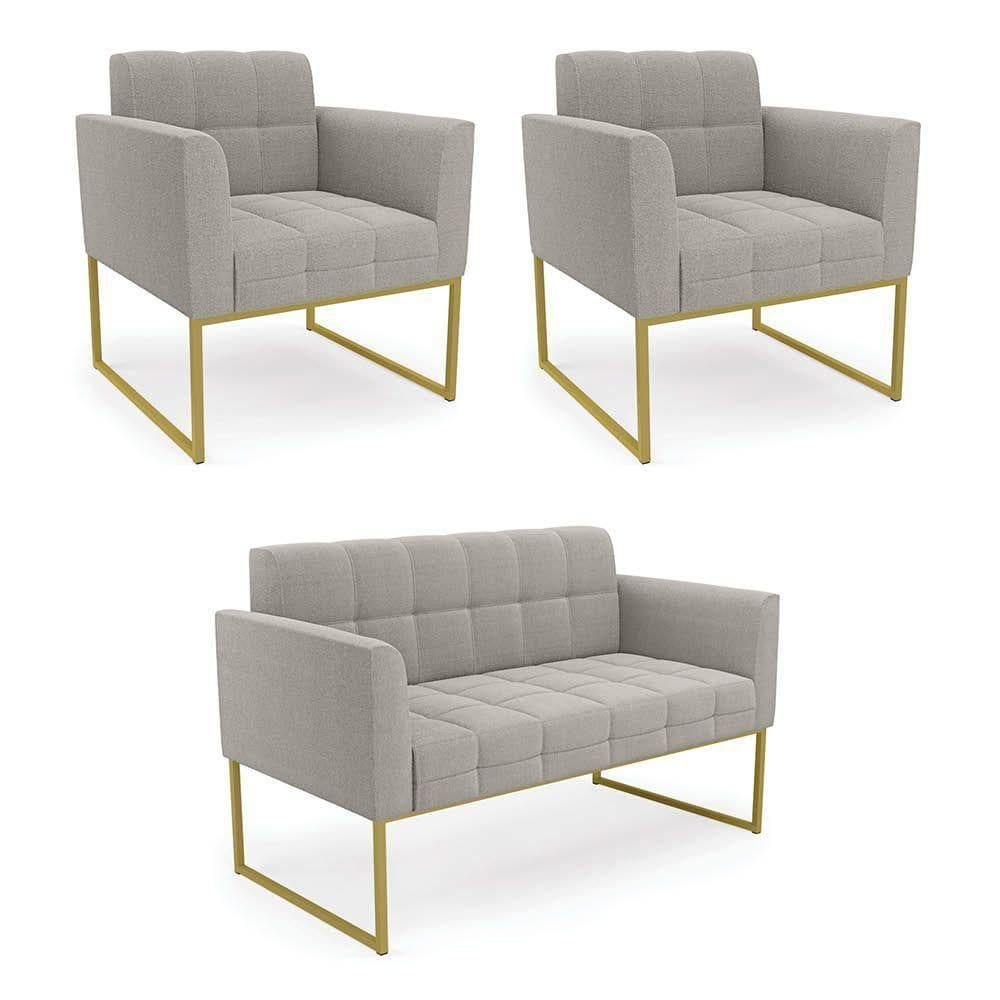 Namoradeira E 2 Poltronas Industrial Dourado Elisa Bouclê Cinza D03 - D`rossi