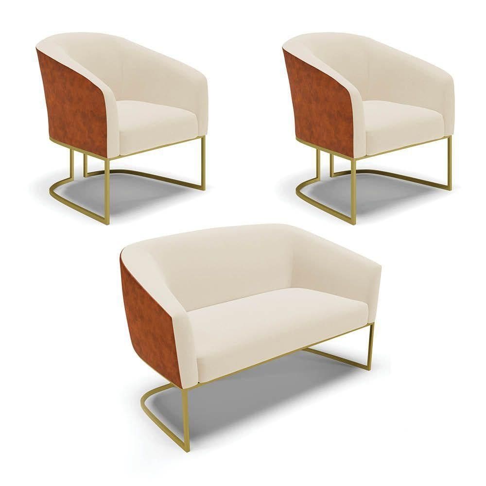 Namoradeira 2 Poltronas Industrial Dourado Stella Noz-linho Bege D03 - D`rossi