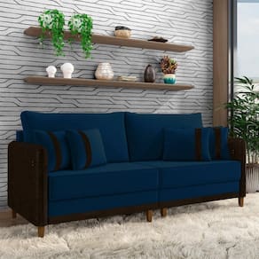 Sofá Living Montecarlo 3 Lugares Bipartido 252cm Pés Em Madeira Veludo-pu Azul-marrom G33 Gran Belo