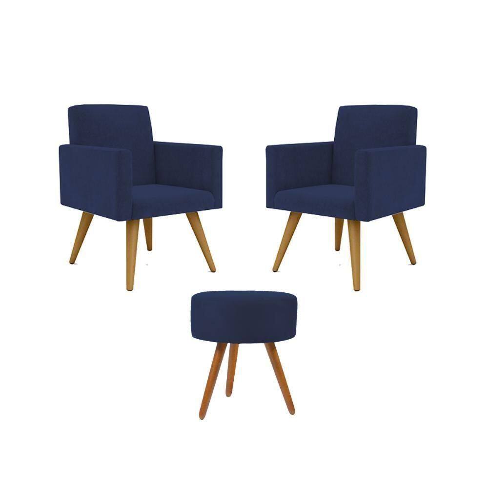 Kit 2 Poltronas Decorativa Consultorio Nina Com Puff Balaqui Azul Marinho