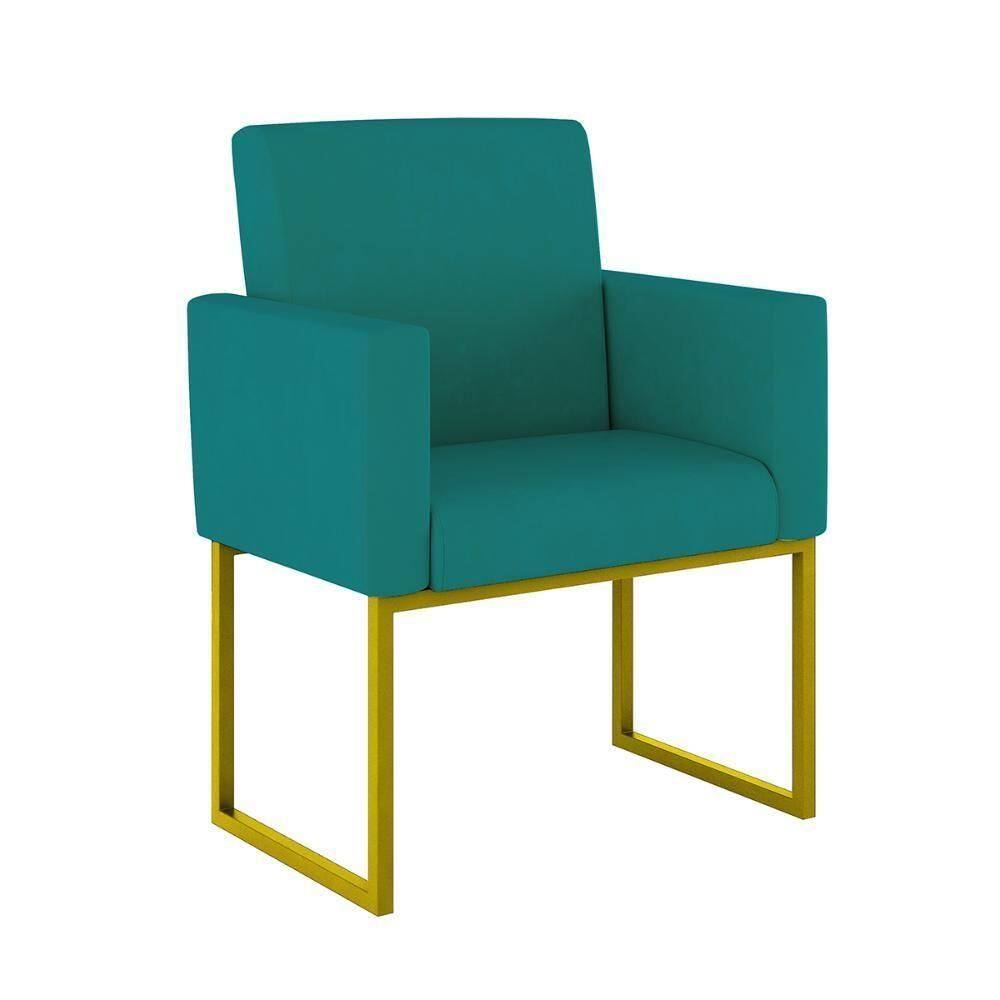 Poltrona Moderna Confortável Base Ferro Dourada Balaqui Decor Azul Turquesa