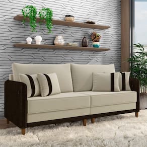Sofá Living Montecarlo 3 Lugares Bipartido 232cm Pés Em Madeira Veludo-pu Bege-marrom G33 Gran Belo