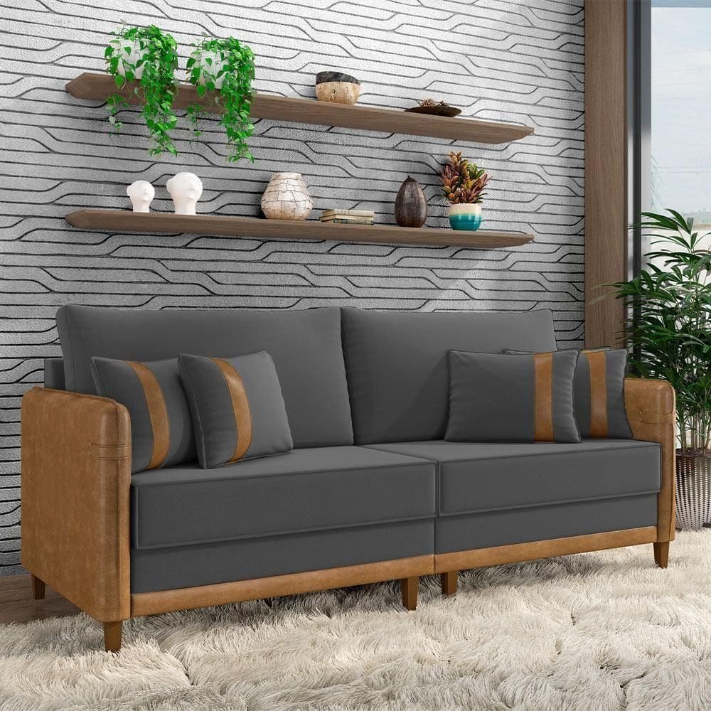 Sofá Living Montecarlo 2 Lugares Bipartido 172cm Pés Em Madeira Veludo-pu Grafite-caramelo G33 Gran Belo