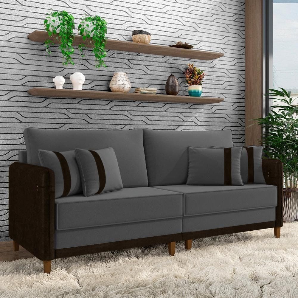 Sofá Living Montecarlo 2 Lugares Bipartido 192cm Pés Em Madeira Veludo-pu Grafite-marrom G33 Gran Belo
