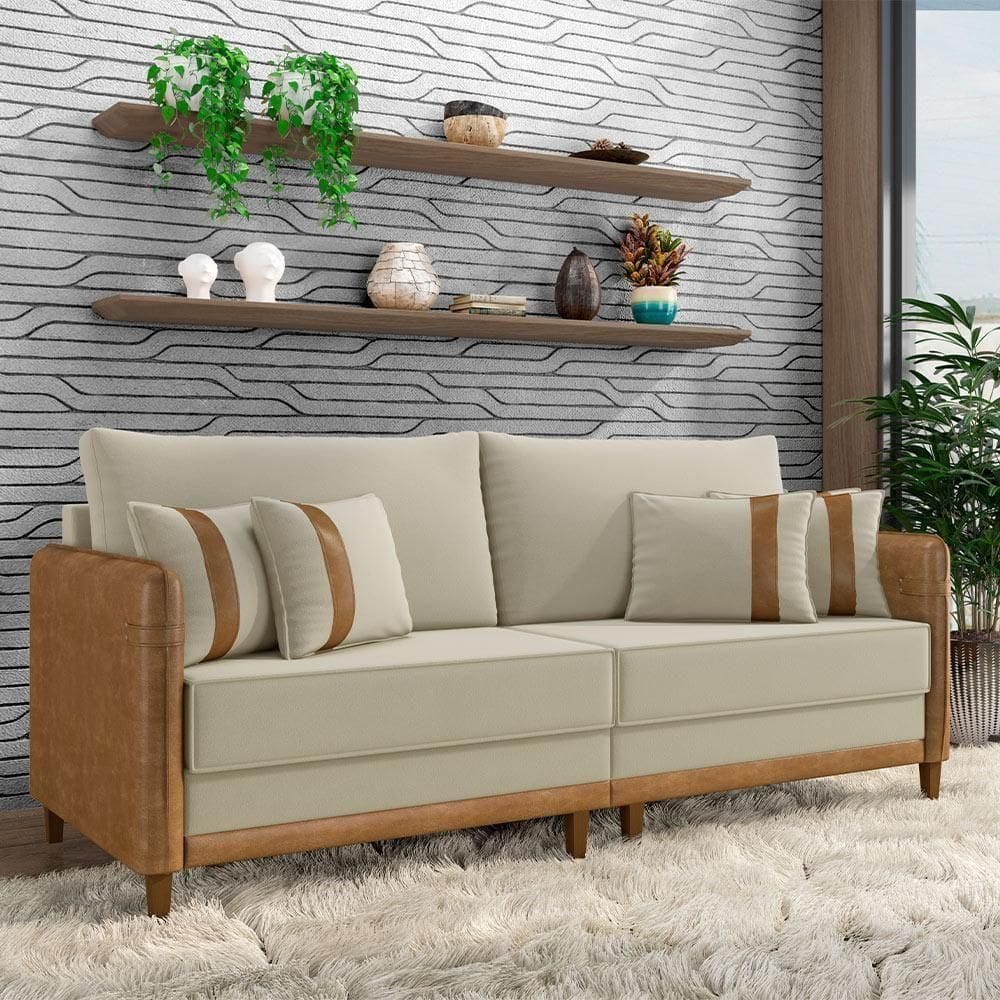 Sofá Living Montecarlo 2 Lugares Bipartido 172cm Pés Em Madeira Veludo-pu Bege-caramelo G33 Gran Belo