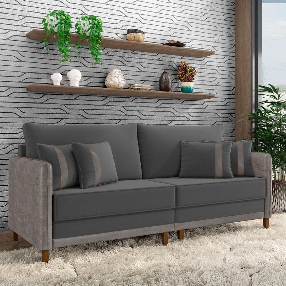Sofá Living Montecarlo 2 Lugares Bipartido 192cm Pés Em Madeira Veludo-pu Grafite-cinza G33 Gran Belo