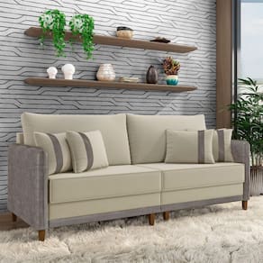 Sofá Living Montecarlo 3 Lugares Bipartido 232cm Pés Em Madeira Veludo-pu Bege-cinza G33 Gran Belo