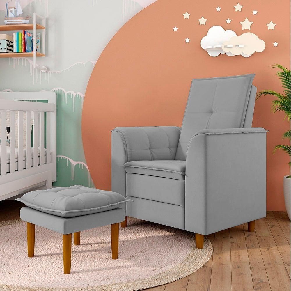Poltrona De Amamentação Quarto De Bebê Gracy Com Puff Pés Palito Veludo Cinza G85 - Gran Belo