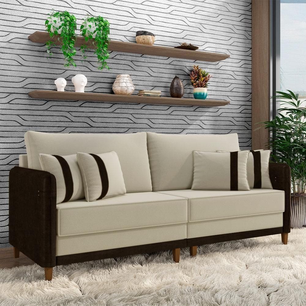 Sofá Living Montecarlo 2 Lugares Bipartido 212cm Pés Em Madeira Veludo-pu Bege-marrom G33 Gran Belo