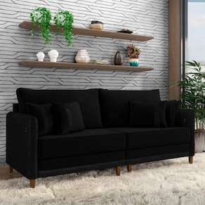 Sofá Living Montecarlo 3 Lugares Bipartido 252cm Pés Em Madeira Veludo-pu Preto G33 Gran Belo
