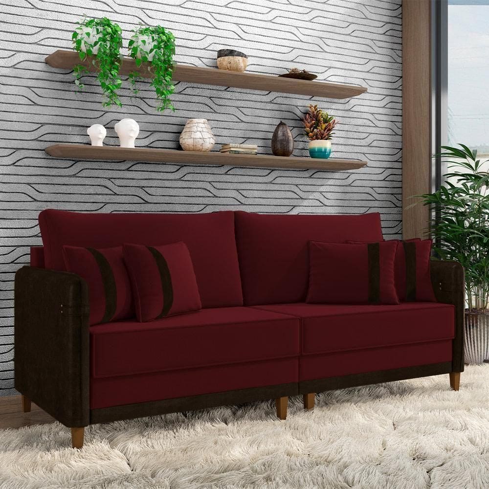 Sofá Living Montecarlo 2 Lugares Bipartido 212cm Pés Em Madeira Veludo-pu Bordô-marrom G33 Gran Belo