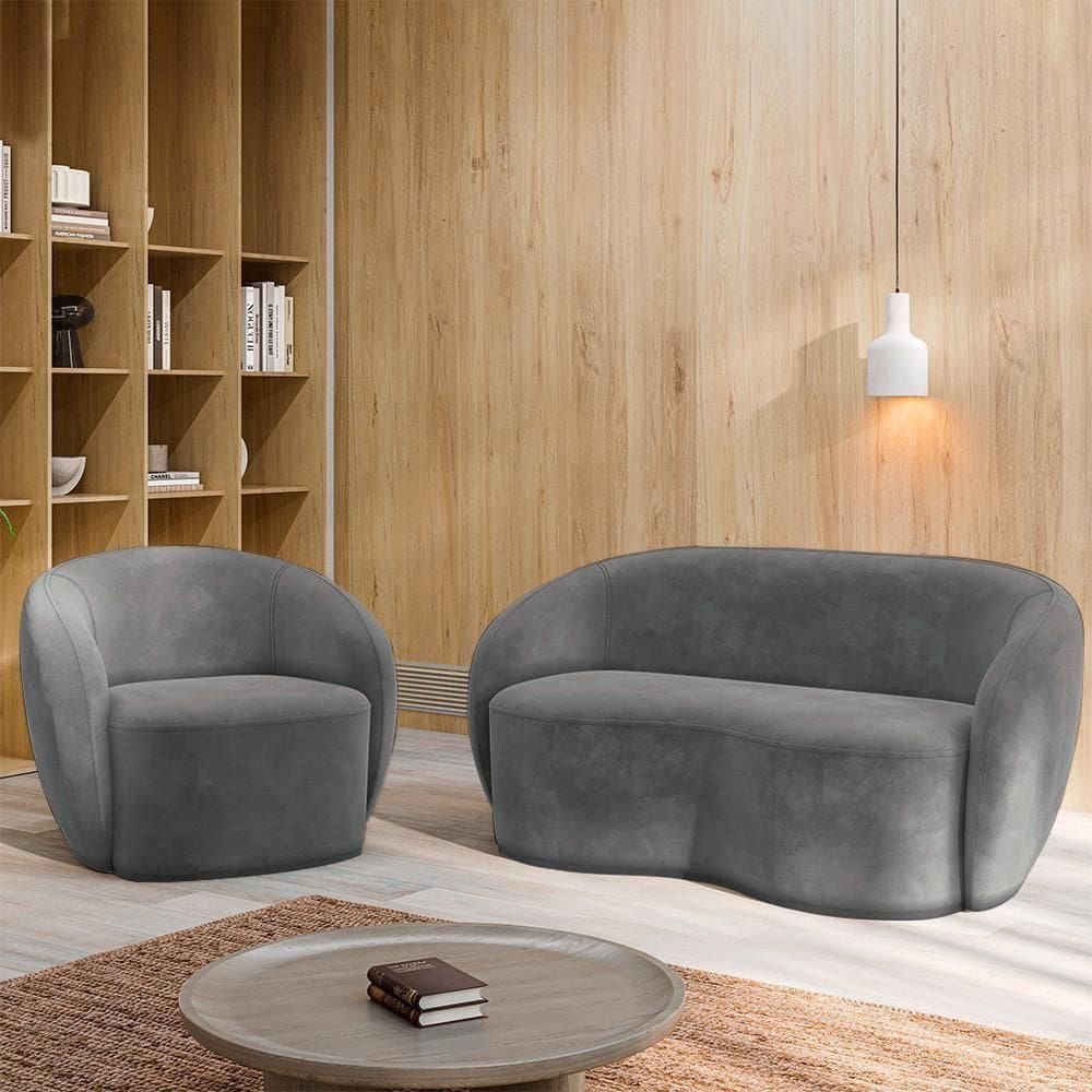 Conjunto 1 Sofá Living 180cm E 1 Poltrona íbis Encosto Fixo Veludo Grafite G33 - Gran Belo