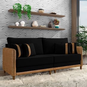Sofá Living Montecarlo 3 Lugares Bipartido 232cm Pés Em Madeira Veludo-pu Preto-caramelo G33 Gran Belo