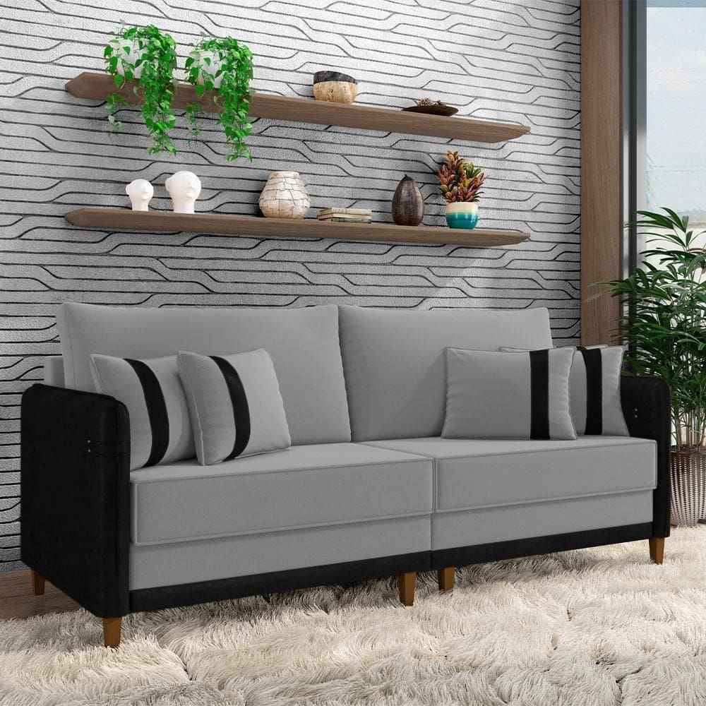 Sofá Living Montecarlo 2 Lugares Bipartido 192cm Pés Em Madeira Veludo-pu Cinza-preto G33 Gran Belo
