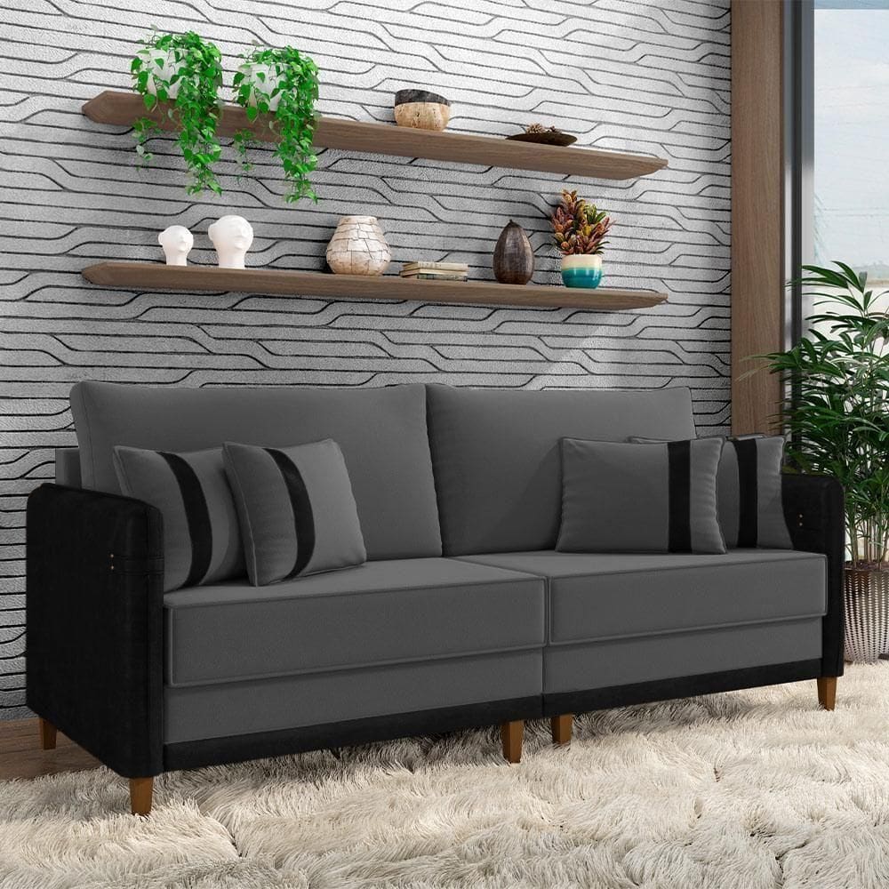 Sofá Living Montecarlo 2 Lugares Bipartido 192cm Pés Em Madeira Veludo-pu Grafite-preto G33 Gran Belo