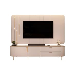 Painel Com Bancada 241cm Avatar Com Detalhes Dourados E Led Para Tv Até 75 Off White G18 - Gran Belo