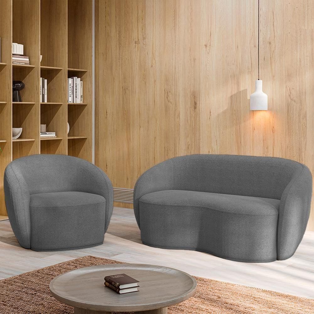 Conjunto 1 Sofá Living 160cm E 1 Poltrona íbis Encosto Fixo Bouclê Grafite G33 - Gran Belo