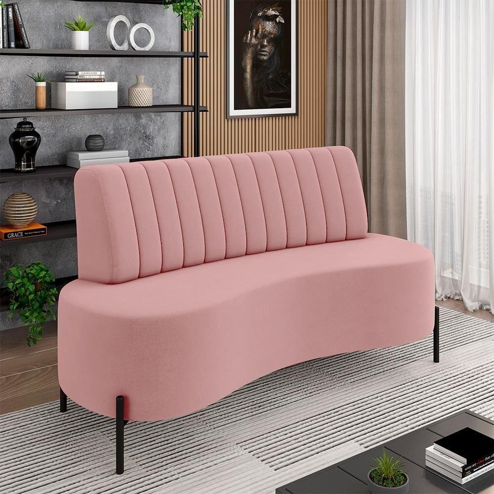 Sofá Living Decorativo 2 Lugares 1,35m Katara Pés De Ferro Veludo Rosê G33 - Gran Belo