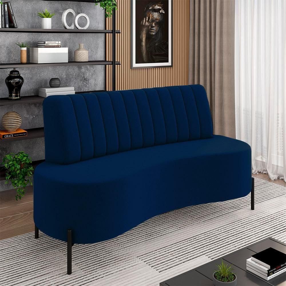 Sofá Living Decorativo 2 Lugares 1,60m Katara Pés De Ferro Veludo Azul G33 - Gran Belo