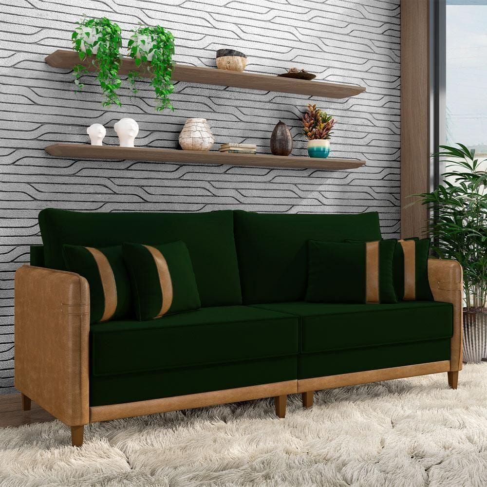 Sofá Living Montecarlo 2 Lugares Bipartido 212cm Pés Em Madeira Veludo-pu Verde-caramelo G33 Gran Belo