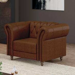 Poltrona Decorativa Stanford Chesterfield Pés De Madeira Couro Marrom Manchado G58 Gran Belo