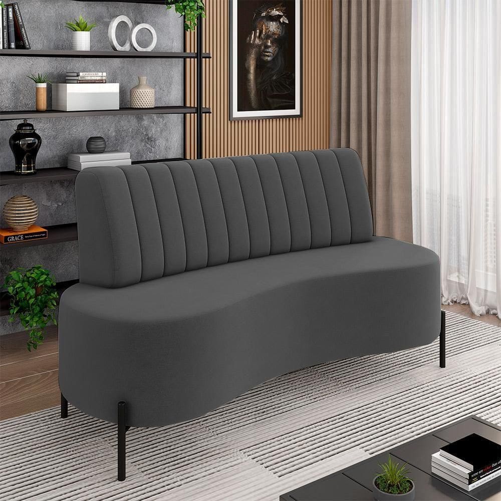 Sofá Living Decorativo 2 Lugares 1,35m Katara Pés De Ferro Veludo Grafite G33 - Gran Belo