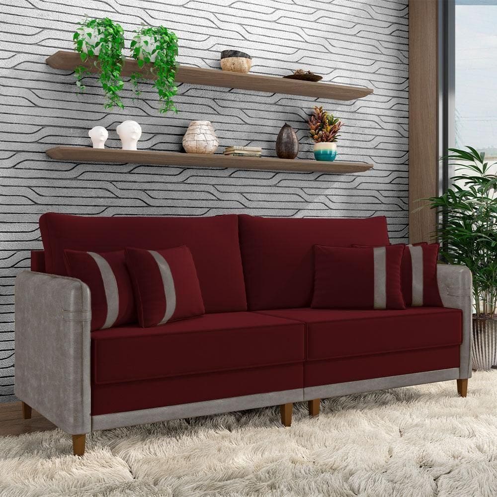 Sofá Living Montecarlo 2 Lugares Bipartido 172cm Pés Em Madeira Veludo-pu Bordô-cinza G33 Gran Belo