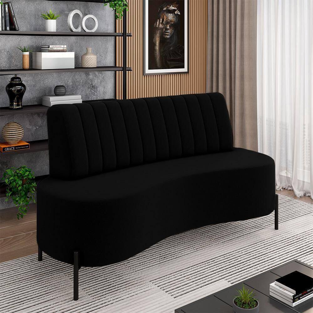 Sofá Living Decorativo 2 Lugares 1,35m Katara Pés De Ferro Veludo Preto G33 - Gran Belo