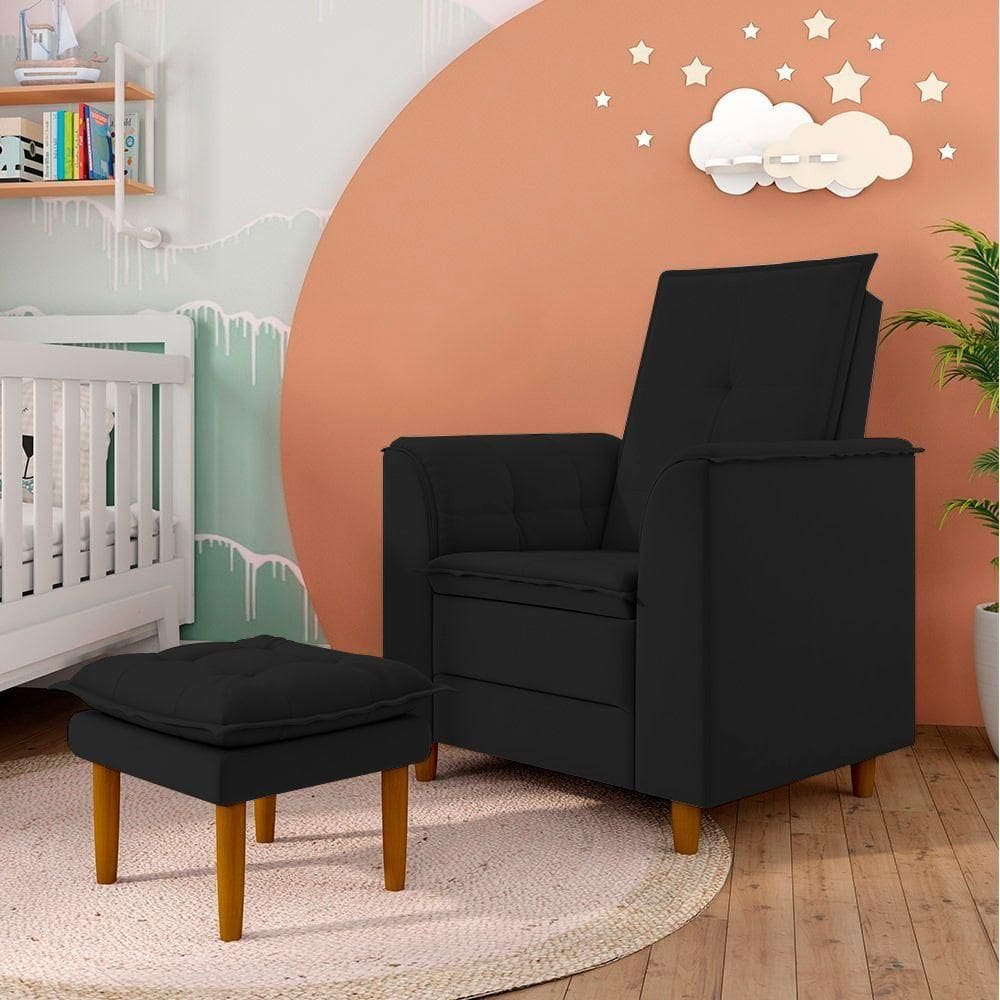 Poltrona De Amamentação Quarto De Bebê Gracy Com Puff Pés Palito Veludo Preto G85 - Gran Belo