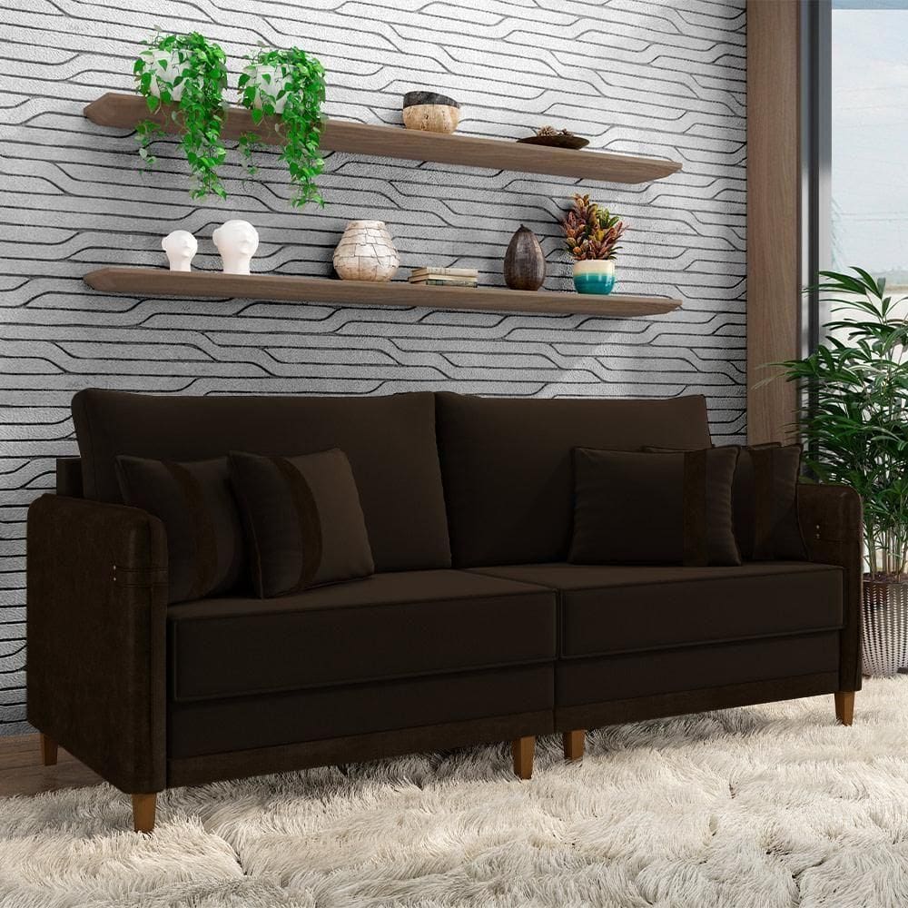 Sofá Living Montecarlo 3 Lugares Bipartido 252cm Pés Em Madeira Veludo-pu Marrom G33 Gran Belo