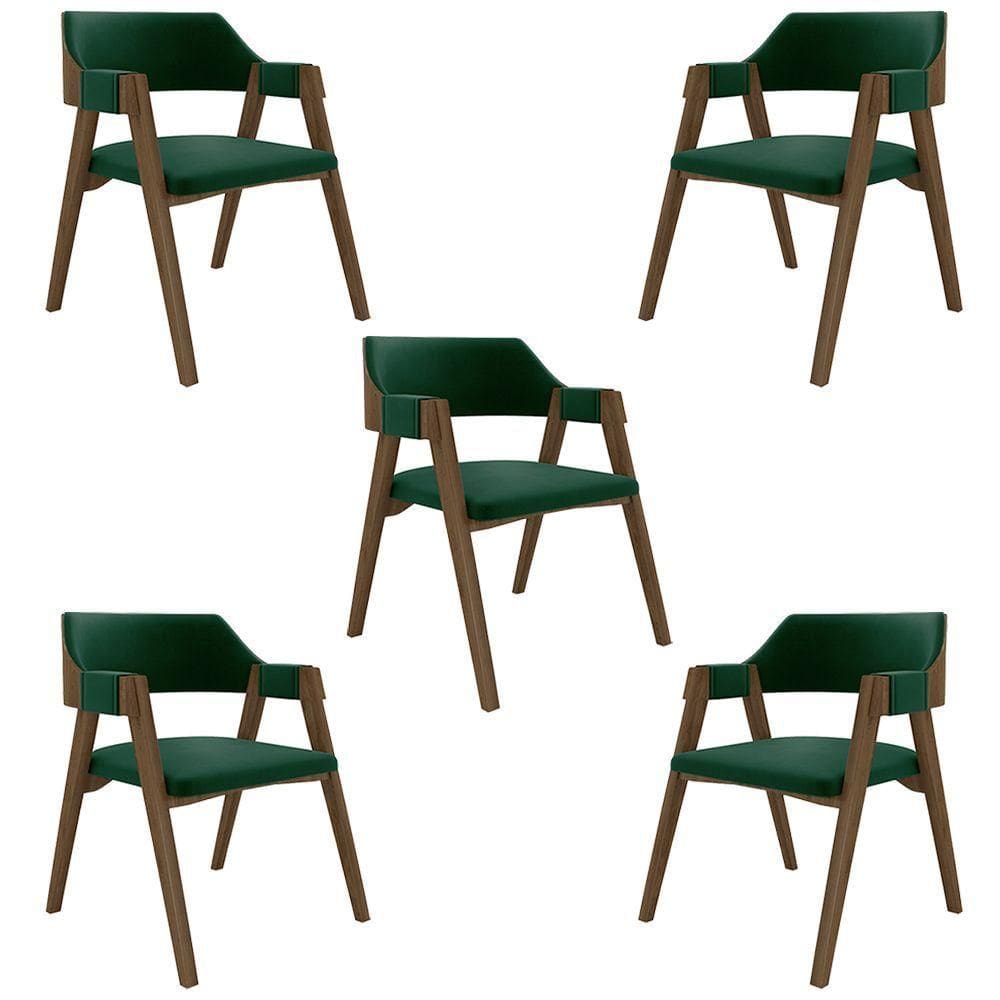 Kit 5 Cadeiras Sala De Jantar E Jogos Carteados Madeira Maciça Poker Veludo Verde-nogueira G42 - Gran Belo