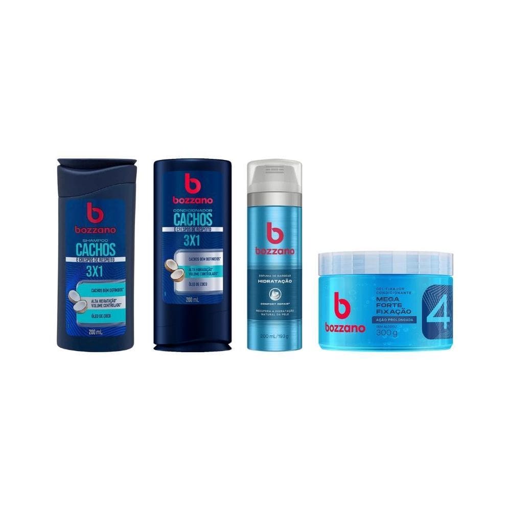Kit Bozzano Shamp+Cond Cachos+Espum Barb Hidrat+Gel Fix Azul