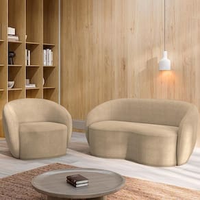 Conjunto 1 Sofá Living 180cm E 1 Poltrona íbis Encosto Fixo Bouclê Bege G33 - Gran Belo