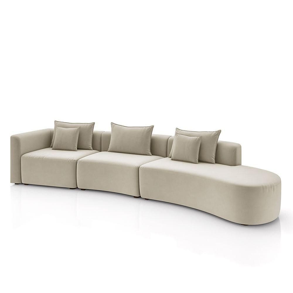 Sofá Curvo Decorativo Kimiko 427cm 5 Lugares Sala De Estar Com Chaise Veludo Bege G52 - Gran Belo