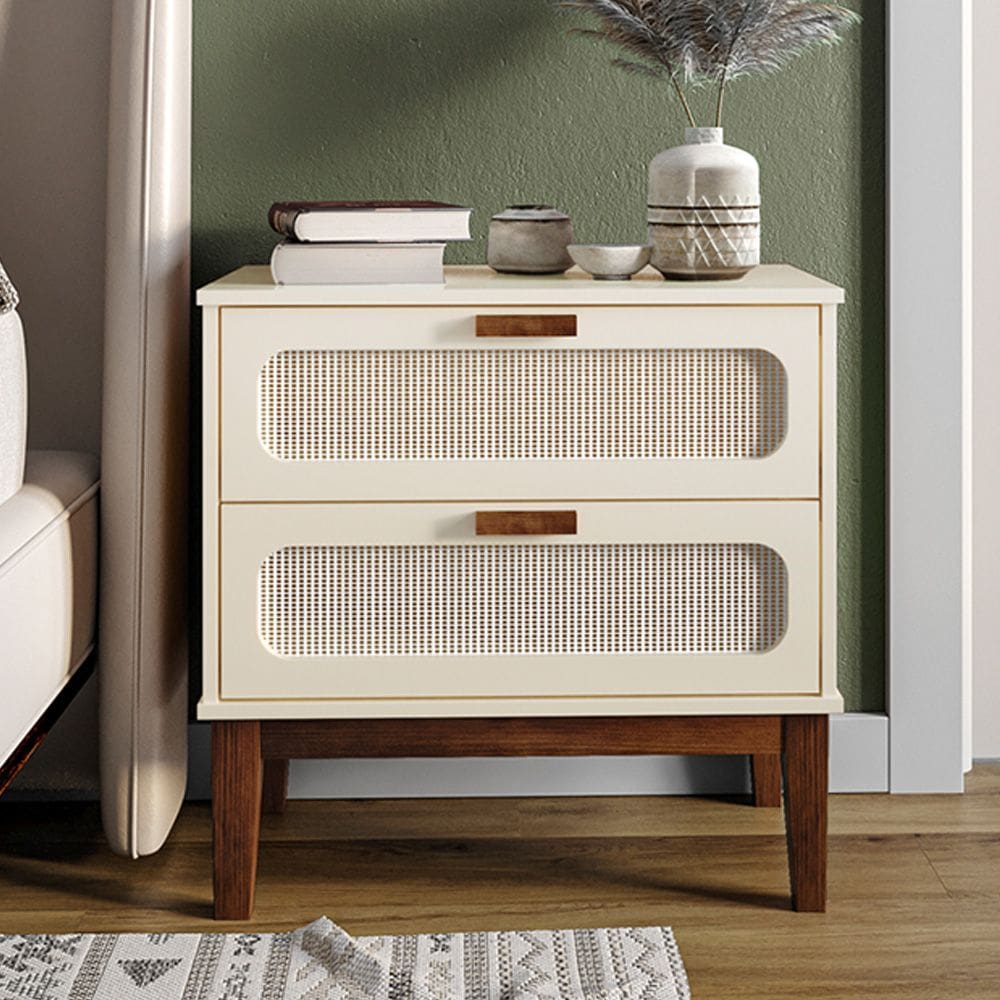 Mesa De Cabeceira 2 Gavetas Santorini Off White 60 Cm Com Tela Indiana 