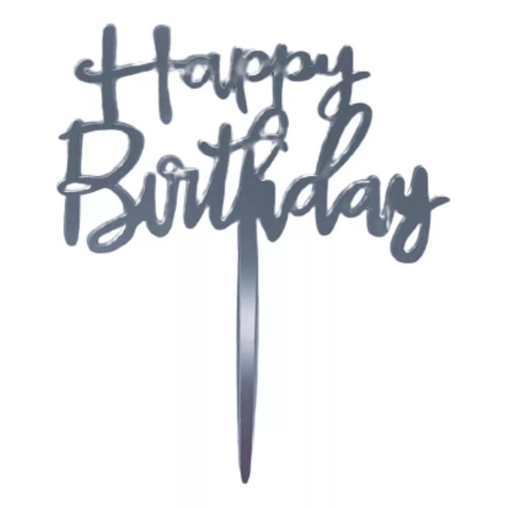 Enfeite Topo Topper Bolo Festa - Prata - Happy Birthday
