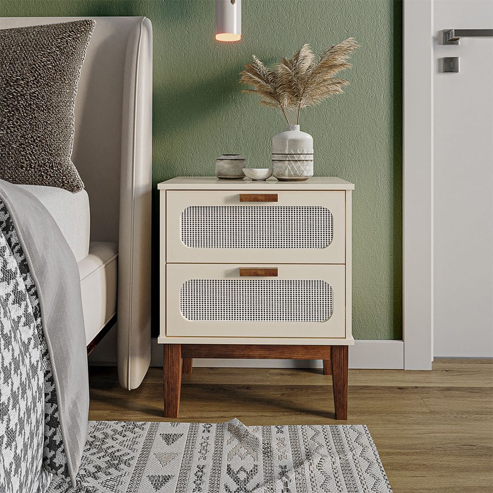 Mesa de Cabeceira 2 Gavetas Santorini Off White 45 Cm com Tela Indiana 
